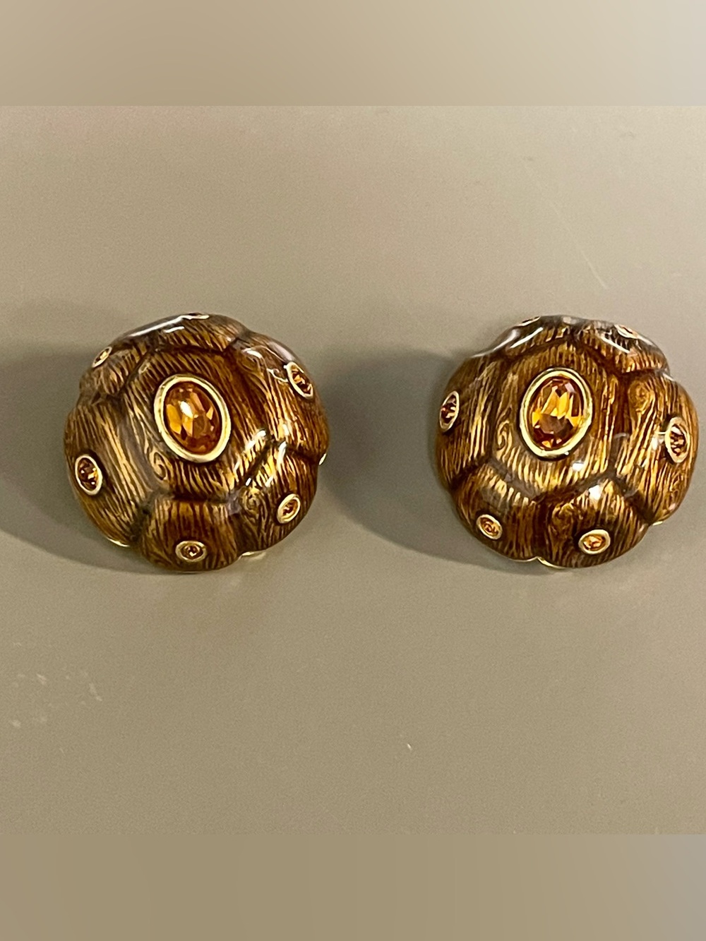 Vintage Joan Rivers Fall Turtle Shell Clip-On Earrings Gold Tone Amber Enamel